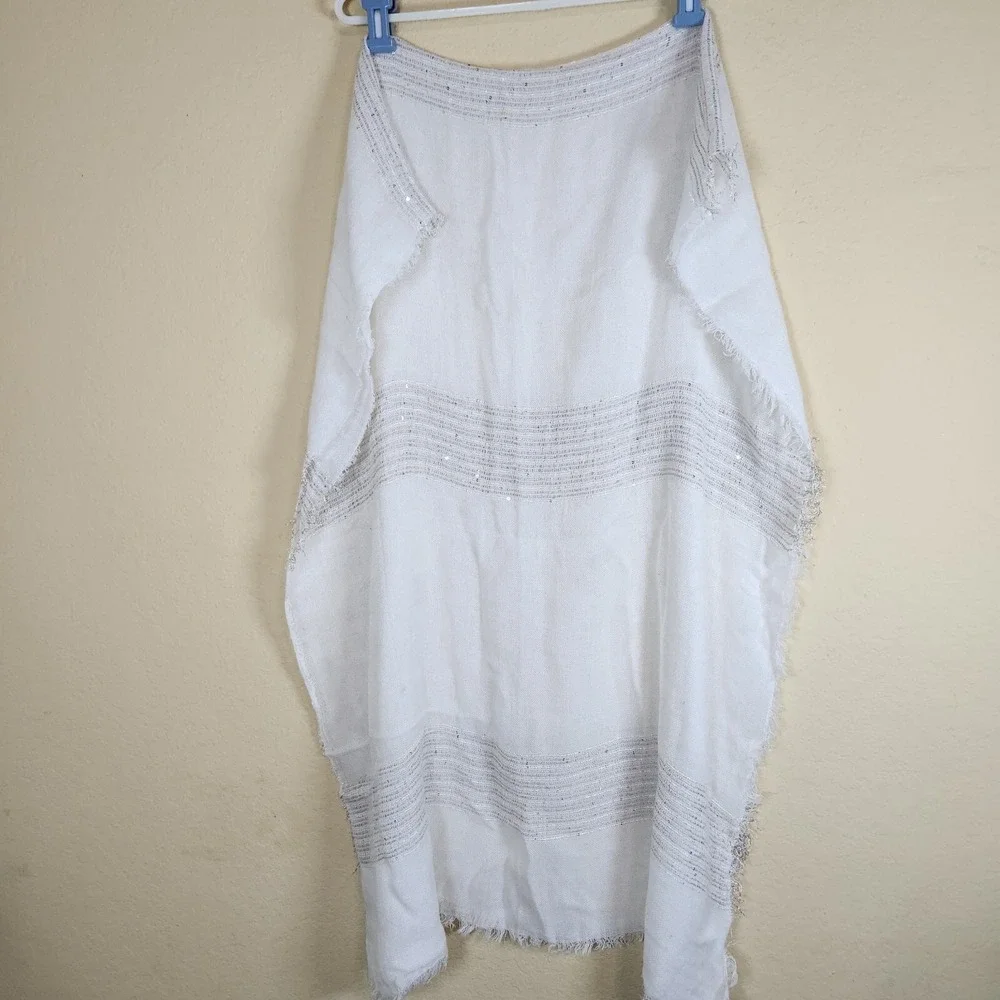 Unbranded‎ Large Soft White Shawl Wrap Scarf cheese cloth Fringe sequins sparkle